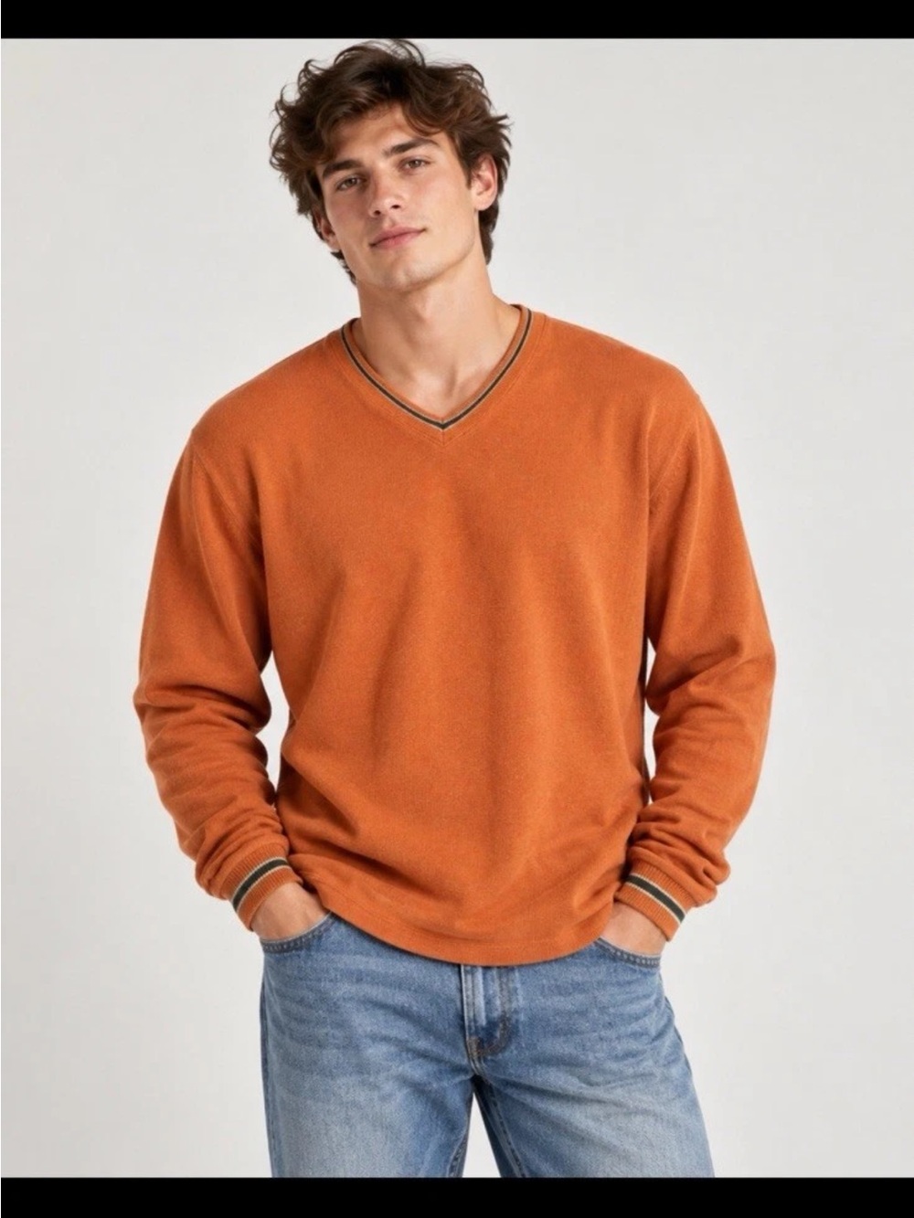 Abercrombie & Fitch Men's V-Neck Sweater in Rust Orange with Contrast Trim